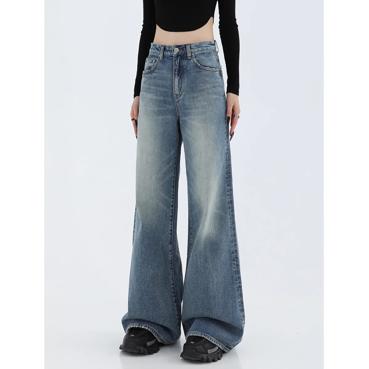 WCFCX STUDIO High Waisted Wide Leg Jeans for Women New Fashion American Vintage Washed Straight Pants Baggy Full Length Trousers