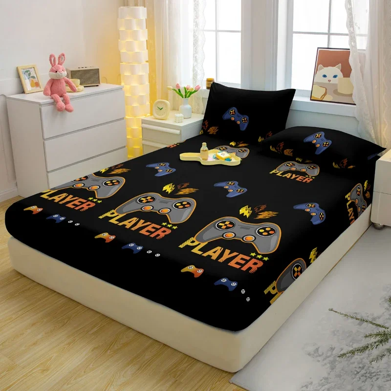 1 Cartoon Fun Game Printed Matte Fitted Sheet, Bedroom Printed Bed Cover, Bedding (Excluding Pillowcases)