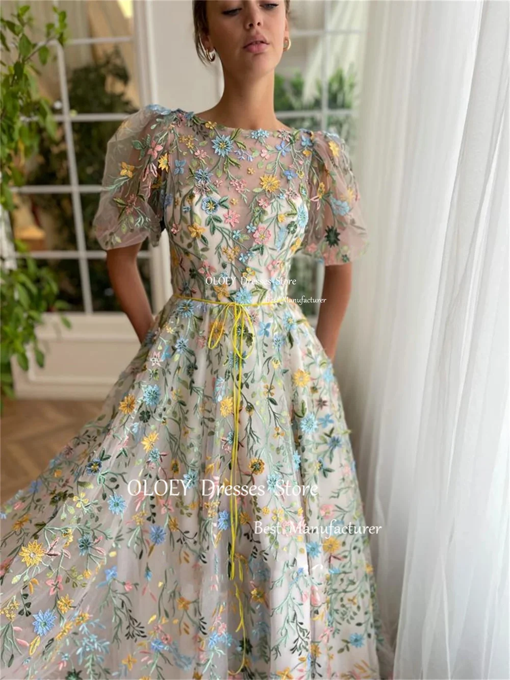 OLOEY Exquisite Embroidery Lace Floral Evening Dress O Neck Photoshoot Short Sleeves Wedding Party Gown Sashes Custom Made