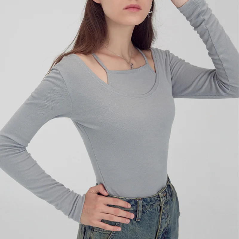 

2024 New Korean Version of The Sexy Sling Fake Two-piece Solid Color Slim Knit Bottoming Shirt Long Sleeve T-shirt Clothes Women