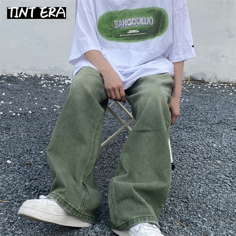 TINT ERA Green Jeans Baggy Distressed Vintage Denim Trousers Male Wide Leg Pants Men Streetwear Retro Oversize Casual Hip Hop