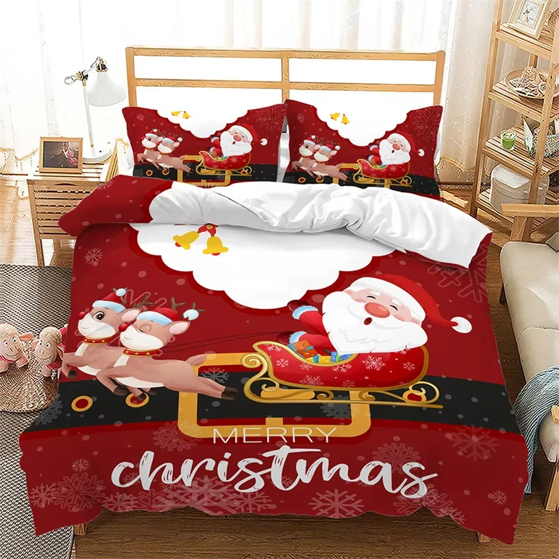 Merry Christmas Duvet Cover Cartoon Deer Santa Claus Bedding Set Twin Queen Microfiber Xmas Theme New Year Red Comforter Cover