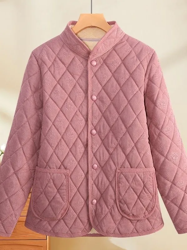 Thickened Fleece Lined Corduroy Jacket for Middle Aged And Elderly Women Winter Warm Cotton Coat Simple Style Polyester Fiber