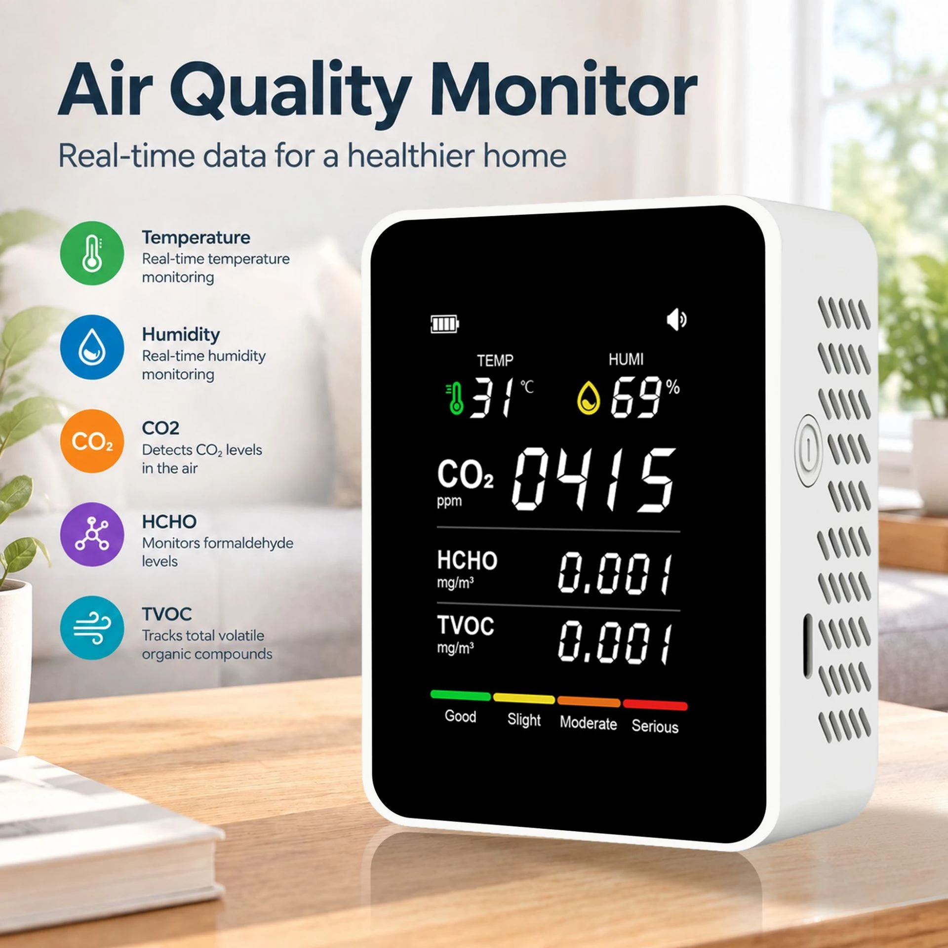 NEW HOT Multifunctional CO2 Meter 5 in 1 Digital Temperature and Humidity Tester Carbon Dioxide Detector TVOC HCHO
