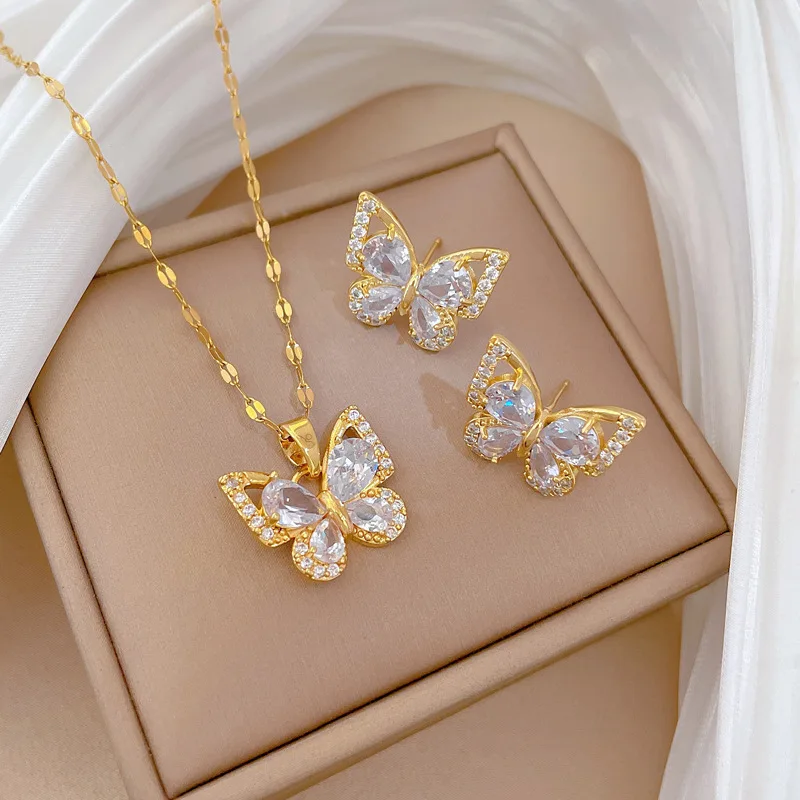 Exquisites Zirkon-Schmetterling-Ohrringe-Halsketten-Schmuckset für Damen und Mädchen, Edelstahl-Schmetterling-Blumen-Halsband-Schmuck