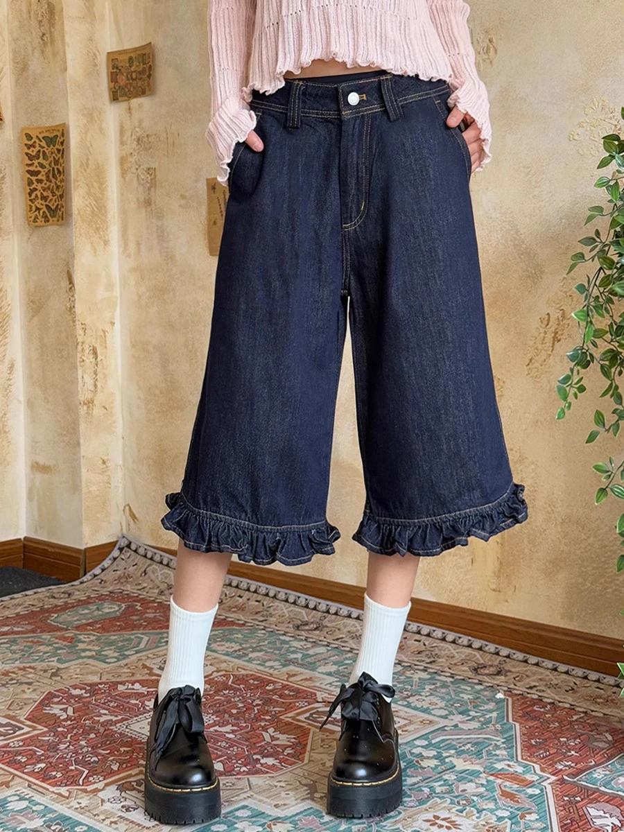 ReddaChic Women Summer Frill Trim Denim Shorts Solid Ruffled Hem High Waist Casual Wide Denim Bermuda Pants Kawaii Y2k Bottoms