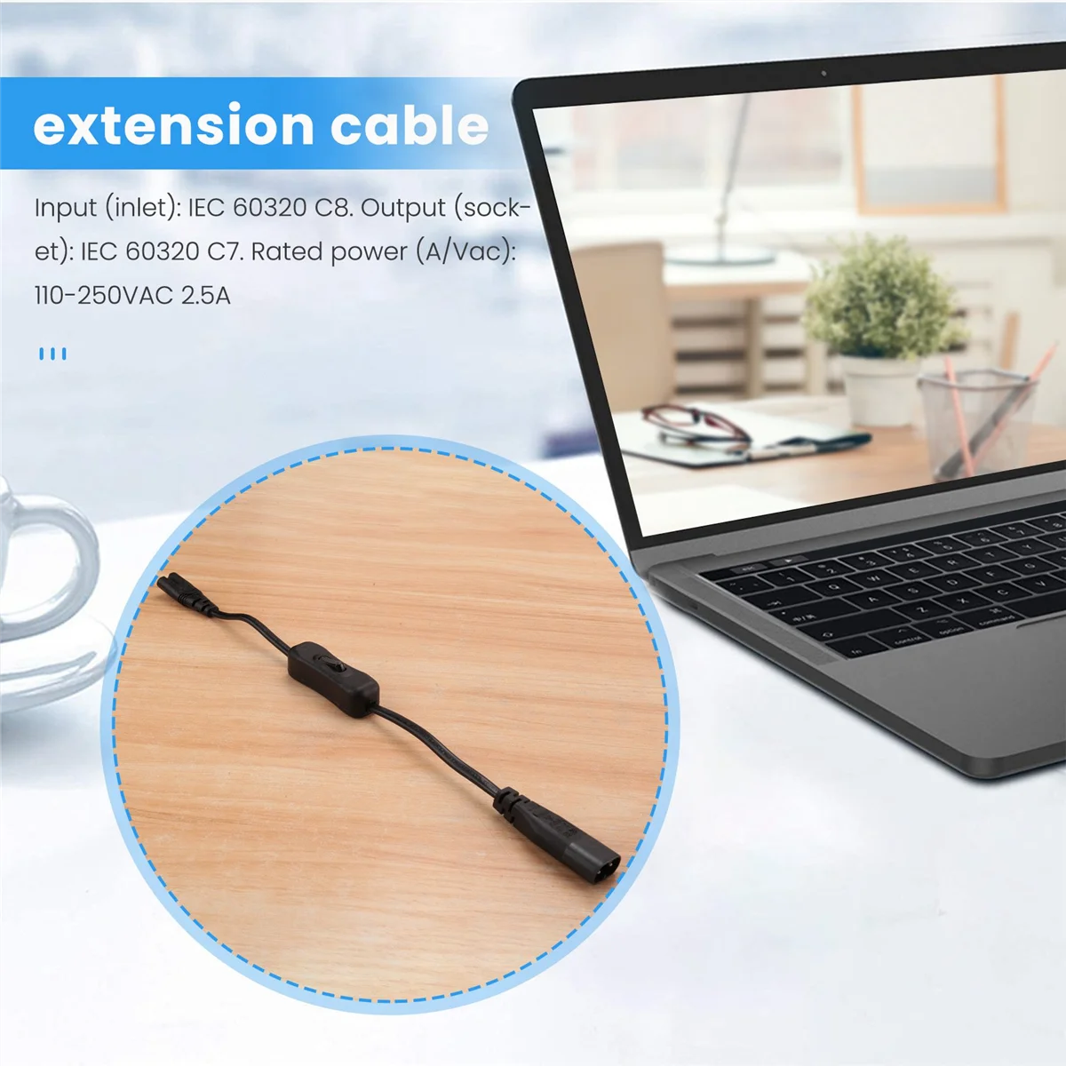 Power Extension Cord, Iec320 C7 to C8 Power Adapter Extension Cord with Switch Control with "8" Interface