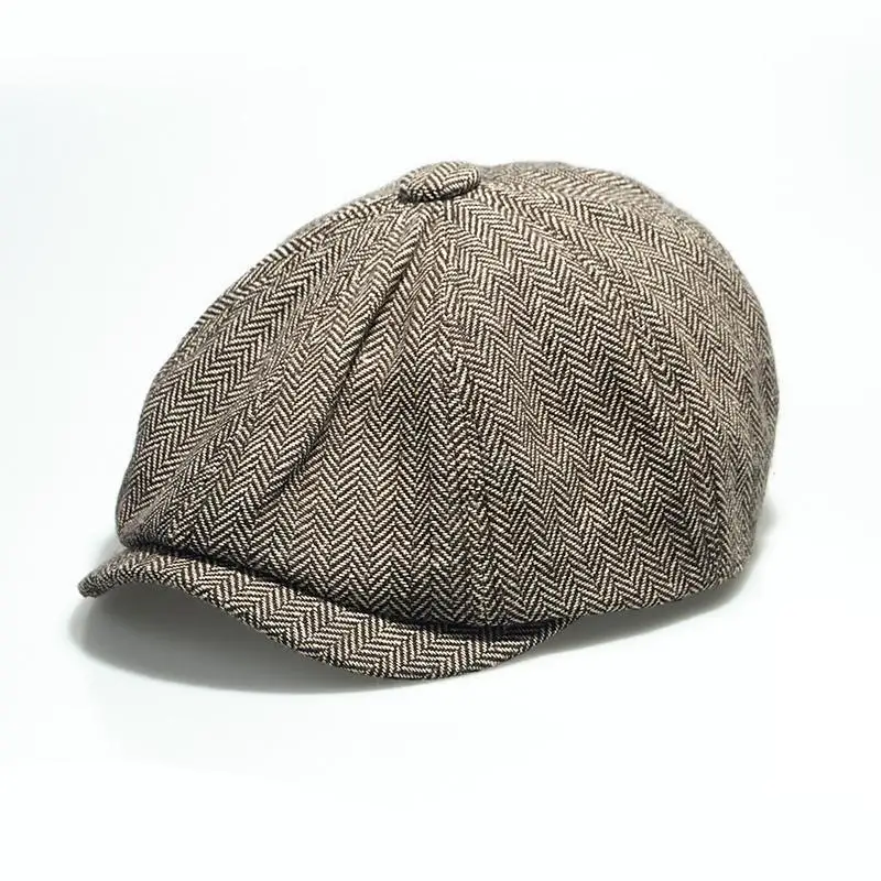 Merek Oohmy baret wol pria 8 Panel Newsboy topi datar Herringbone mode Vintage Headwear