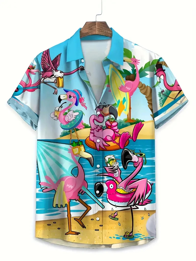 

2025 Men's Vocation Lapel Camisa Vacation Hawaiian Shirts Flamingo 3d Print Fashion Unisex Beach Short Sleeve Blouse