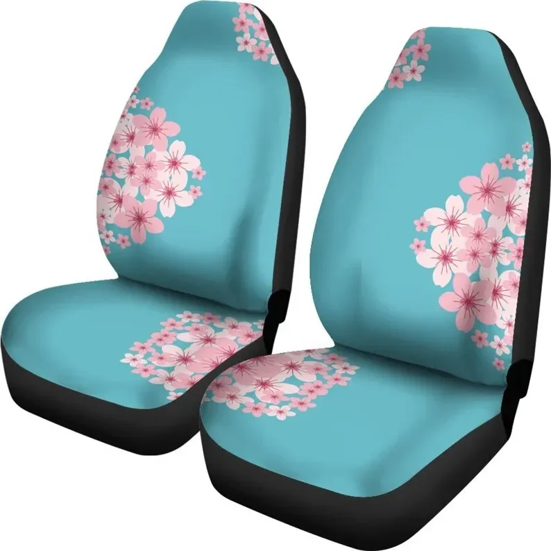 Teal Blue With Pink and White Cherry Blossom Flower Bouquets Car Seat Covers Set Universal Bucket Seat Covers For Most Car and S