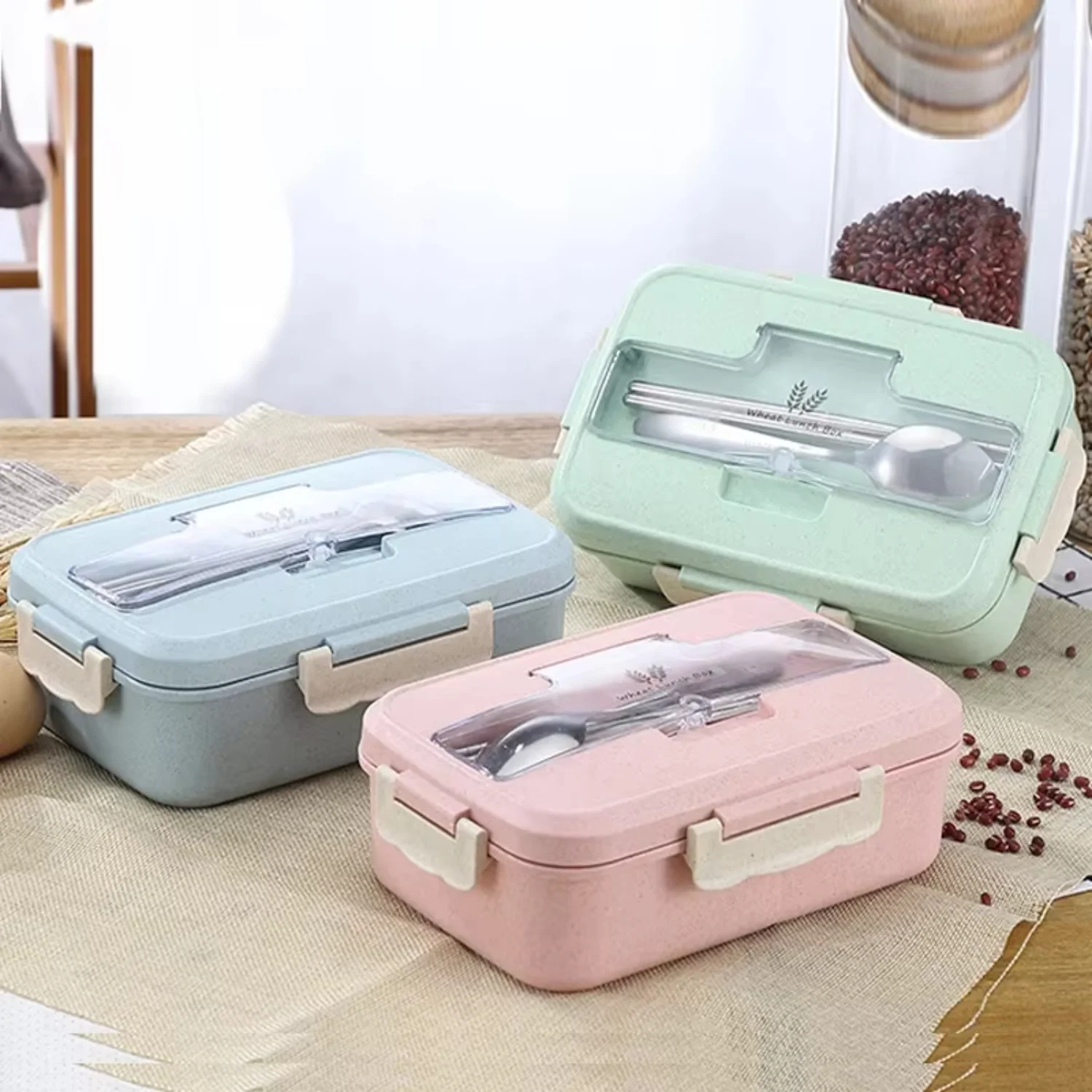 

Microwave Lunch Box Wheat Straw Dinnerware with Spoon Chopsticks Food Container Children School Office Bento Box