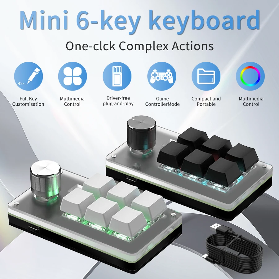 6 Keys 1 Knob RGB Programming Macro Gaming Knob Keypads Mini Custom Programming Keyboard USB Mechanical Keyboard for Photoshop