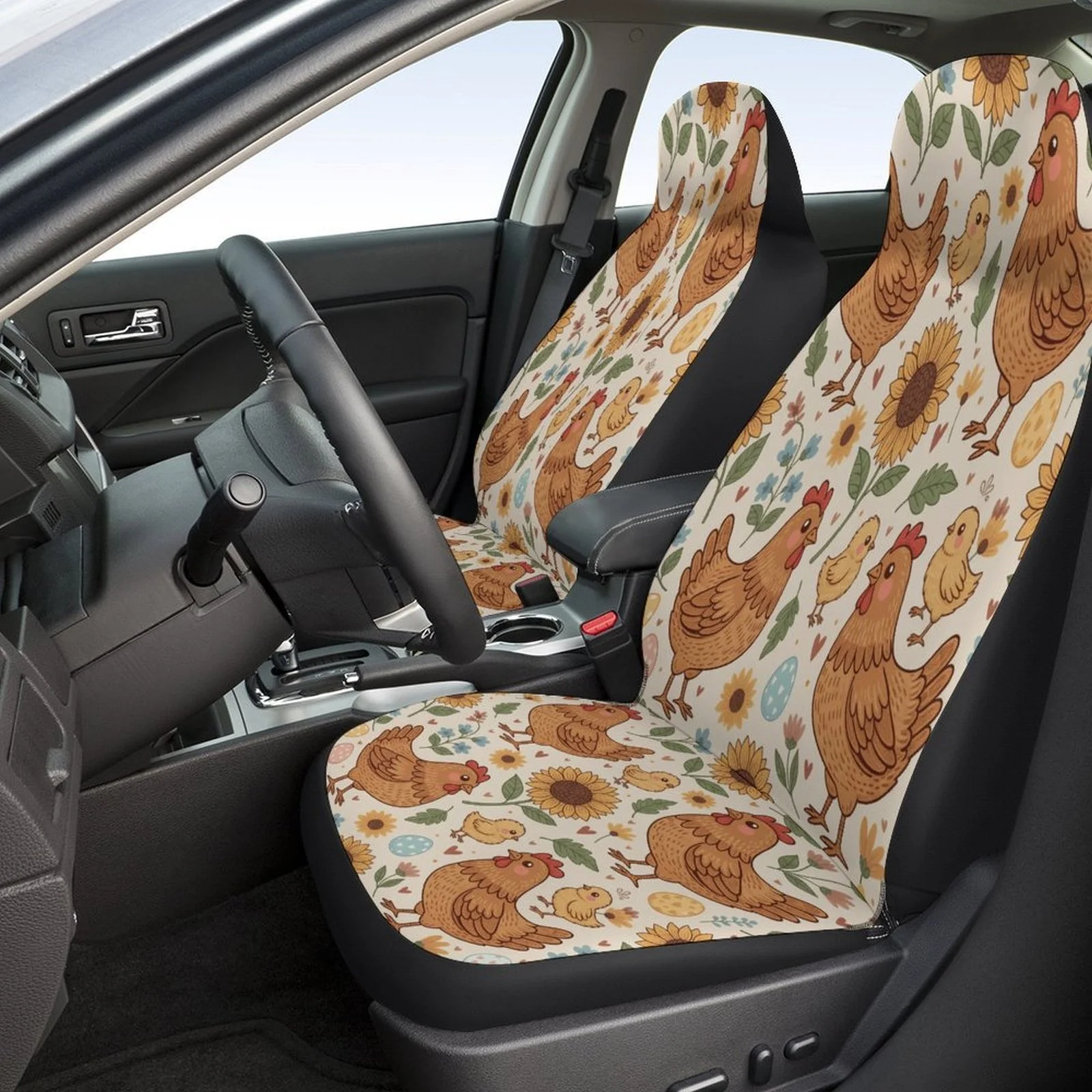 Set Of Car Seat Covers Featuring A Chicken And Sunflower Design, Suitable For Various Vehicles. Stylish And Breathable, These De