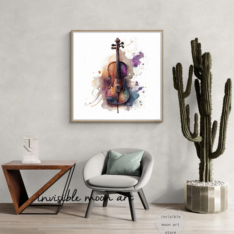 Watercolor Style Instrument Trumpet Guitar Cello Drums Series Art Poster Canvas Painting Wall Prints Picture for Room Home Decor