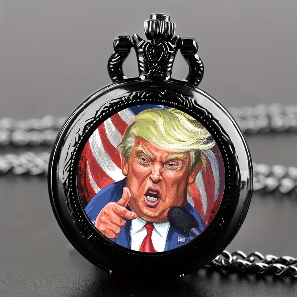 Donald Trump Design Quartz Pocket Watch with Glass Face - Presidential Style Collectible Timepiece