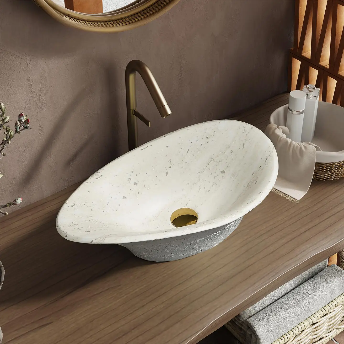 Vintage Beige Travertine Vanity Basin, Mid-century Modern Console Sink for Hotel Villa Resort Bathroom