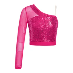 Costume da bambina per bambina in rete trasparente con cerniera laterale, top corto con glitter atletico, paillettes scintillanti, balletto jazz, danza hip-hop