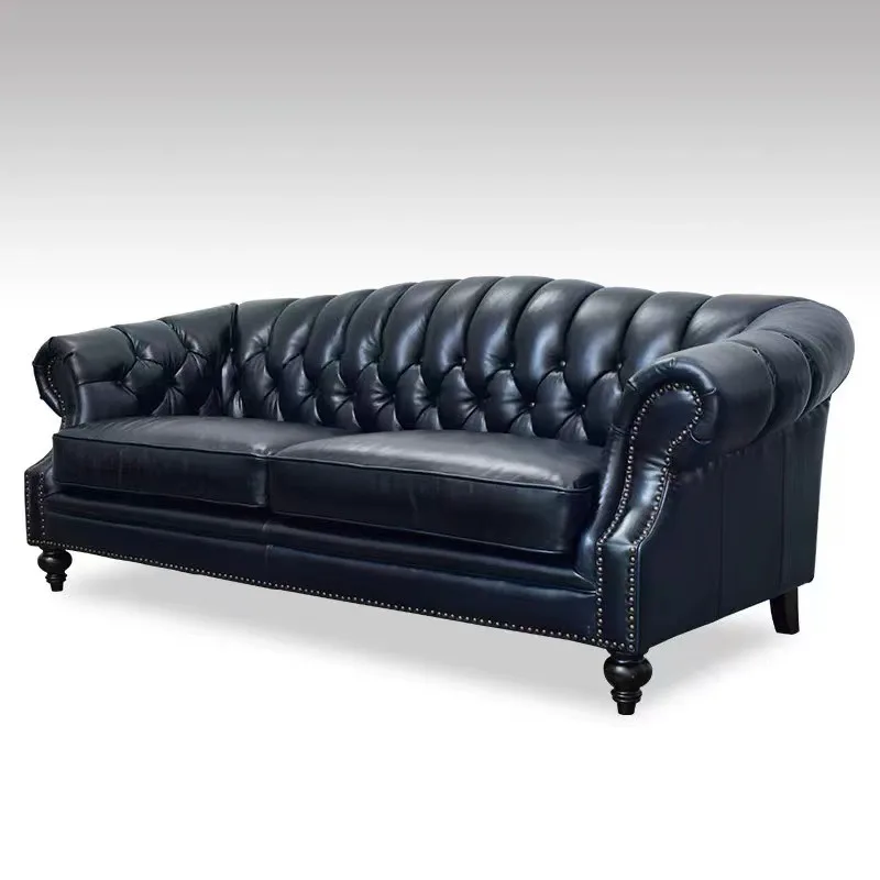 Divano in pelle americana retrò in pelle cerata a olio con pulsante di tiro leggero di lusso di fascia alta di primo strato di pelle bovina