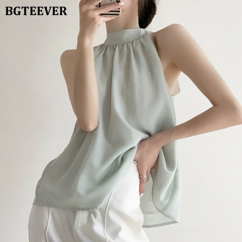 BGTEEVER Stylish Halter Women Blouses Summer Elegant Loose Sleeveless Chiffon Shirts Ladies Tops Blusas