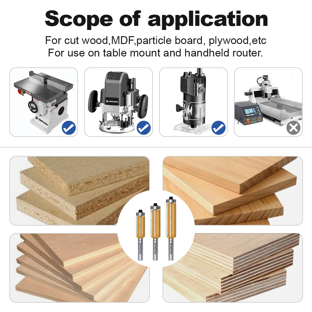 ONEVAN 4 Flute (Z4) Flush Trim Router Bit Set 8mm shank, Bottom Bearing carbide tipped Milling Cutter for Wood Woodworking