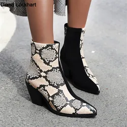 Brand Women Snake Print Winter Boots Women Ankle Boots Platform Pointed Toe Western Cowboy Boots Female Thick Heel Shoes Botas