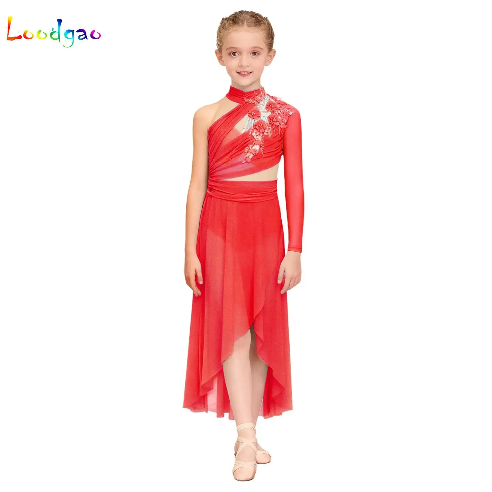 Kids Girls Side Split Asymmetrical Hem Ruched Mesh Dress Applique Lyrical Dance Dresses Figure Skating Dance Performance Costume