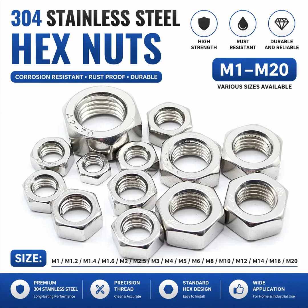 Hexagon Hex Nuts M1 M1.2 M1.4 M1.6 M2 M2.5 M3 M3.5 M4 M5 M6 M8 M10 M12 M14 M16 M18 M20 Hex Nut 304 Stainless Steel DIN934 Metric
