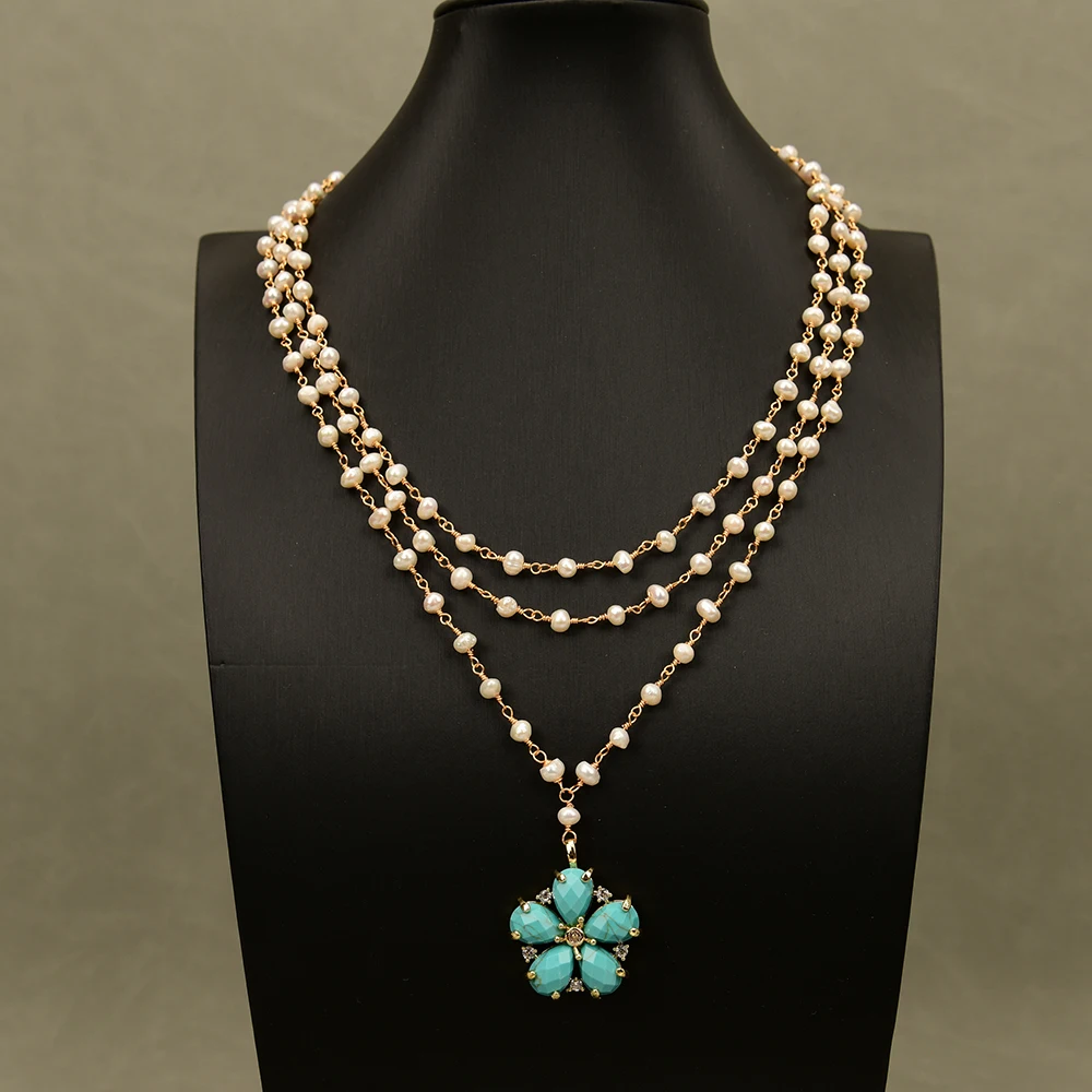 

3 Rows Freshwater Cultured White Pearl Rosary Chain Necklace Blue Turquoise Flower Gold Plated CZ Paved Charms Pendant