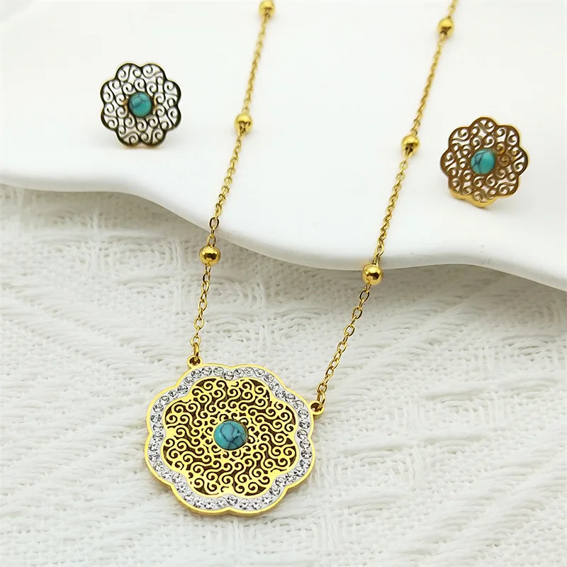 

Flower Of Life Rhinestone Pendant Necklace Earrings Women Girls Stainless Steel Gold Color Rhinestone Classic Party Jewelry Set
