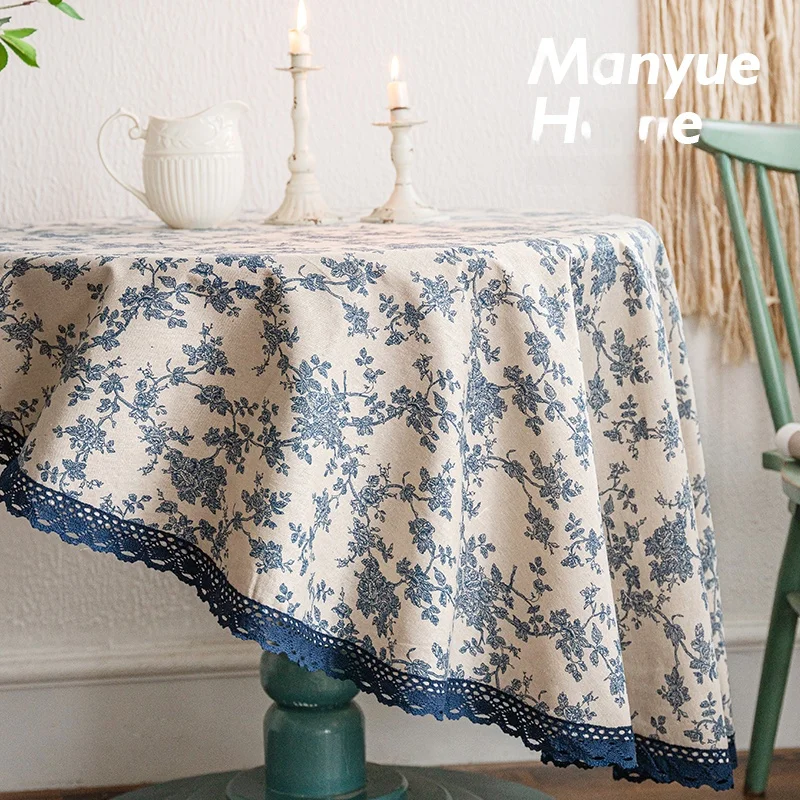 Retro Cotton Linen Tablecloth Home Use Lace Trim round Tablecloth Bedside Counter Cloth Bay Home Textile Dining Table Cloth