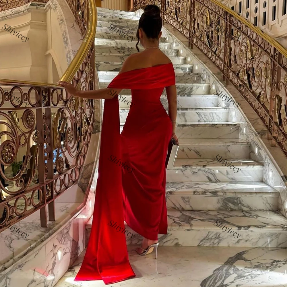 Red Satin Formal Evening Dress Sexy Off the Shoulder Pleats Side Split Prom Dress Ankle Length Celebrity Dresses Saudi Arabia