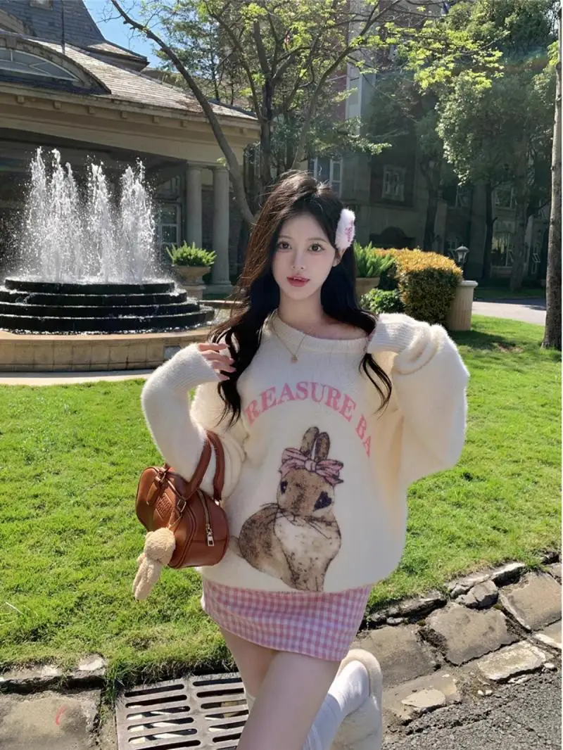 Sweet Bow Rabbit Print Oversized Sweatshirt for Girls Comfortable Women Thicken Winter Jumper Cute Cartoon Long Sleeve Pullover