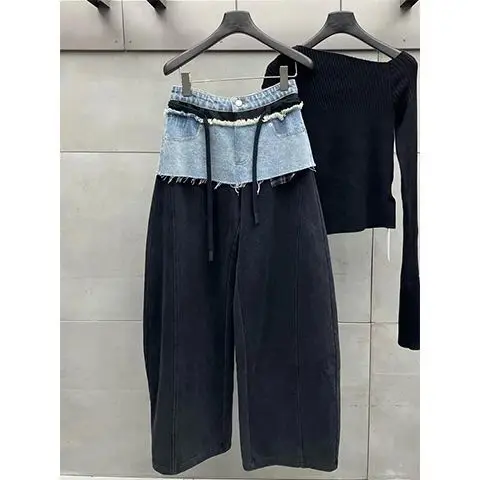 

Женские широкие брюки в стиле пэчворк с эффектом двухслойности и изогнутым кроем, для весны и осени, с непринужденным и стильным дизайном.