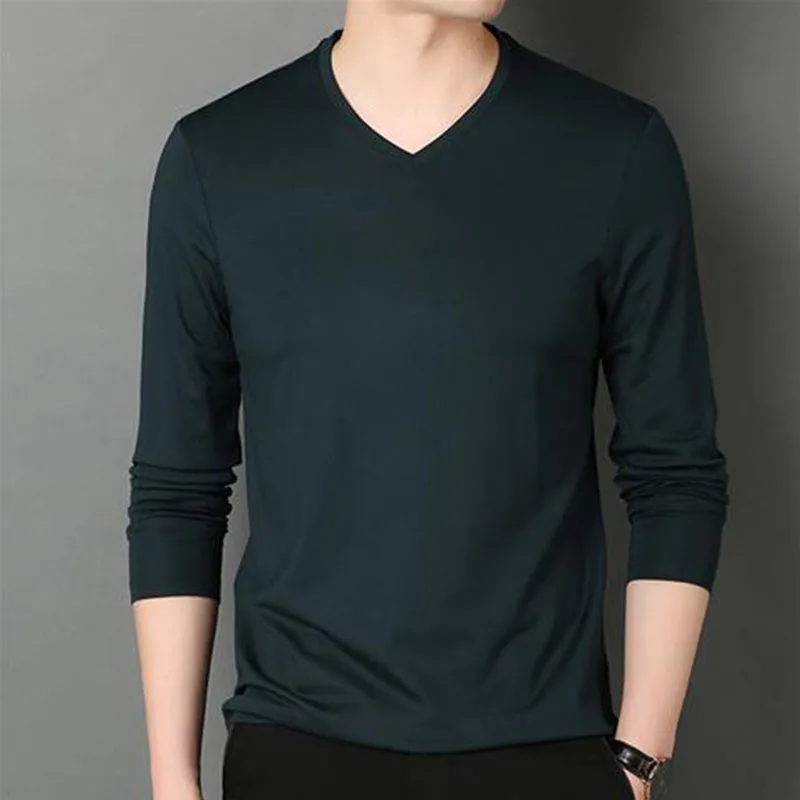 Fashion Men Solid Basic T-Shirts Spring Autumn Male Clothes V-Neck Tee Long Sleeve Bottoming Thin Slim Casual Pullover Tops 5XL