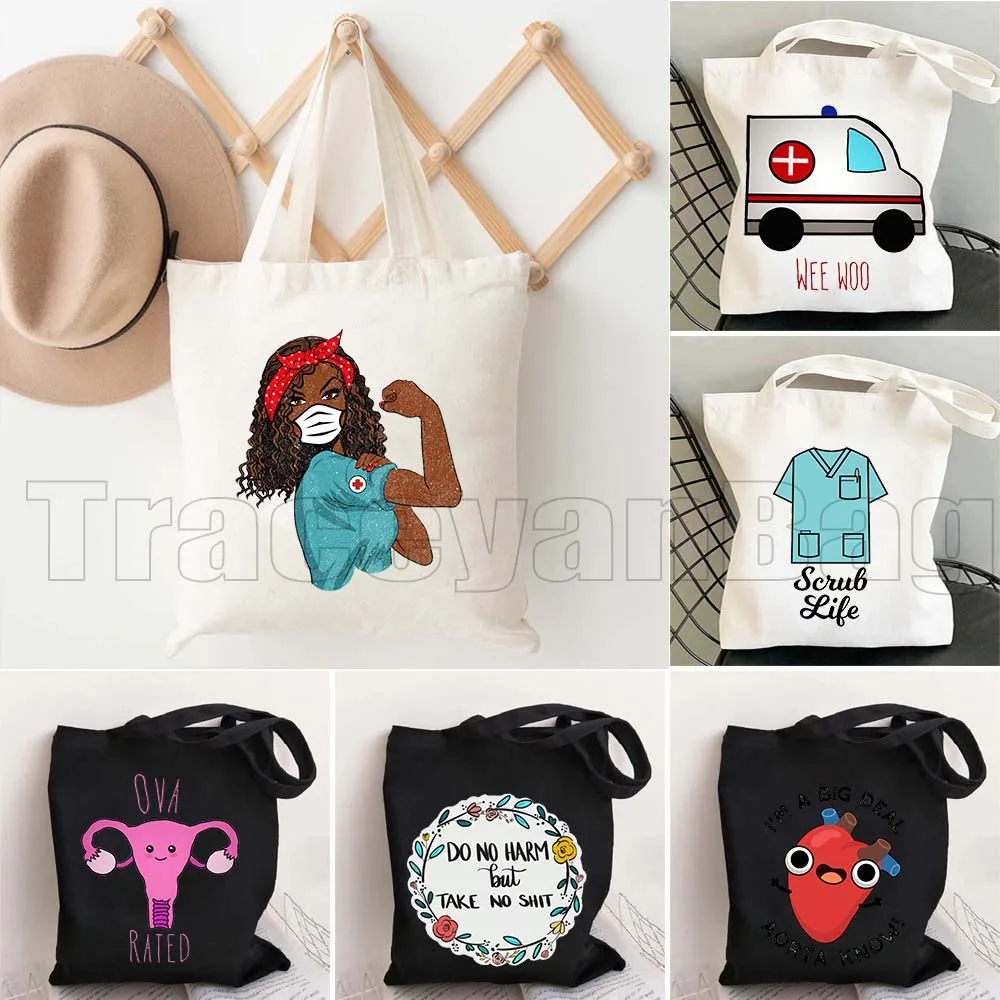 

Милая сумка-шоппер для медсестер с цветочным принтом, стетоскопом и забавными изображениями анатомии человека, скорой помощи и органов.