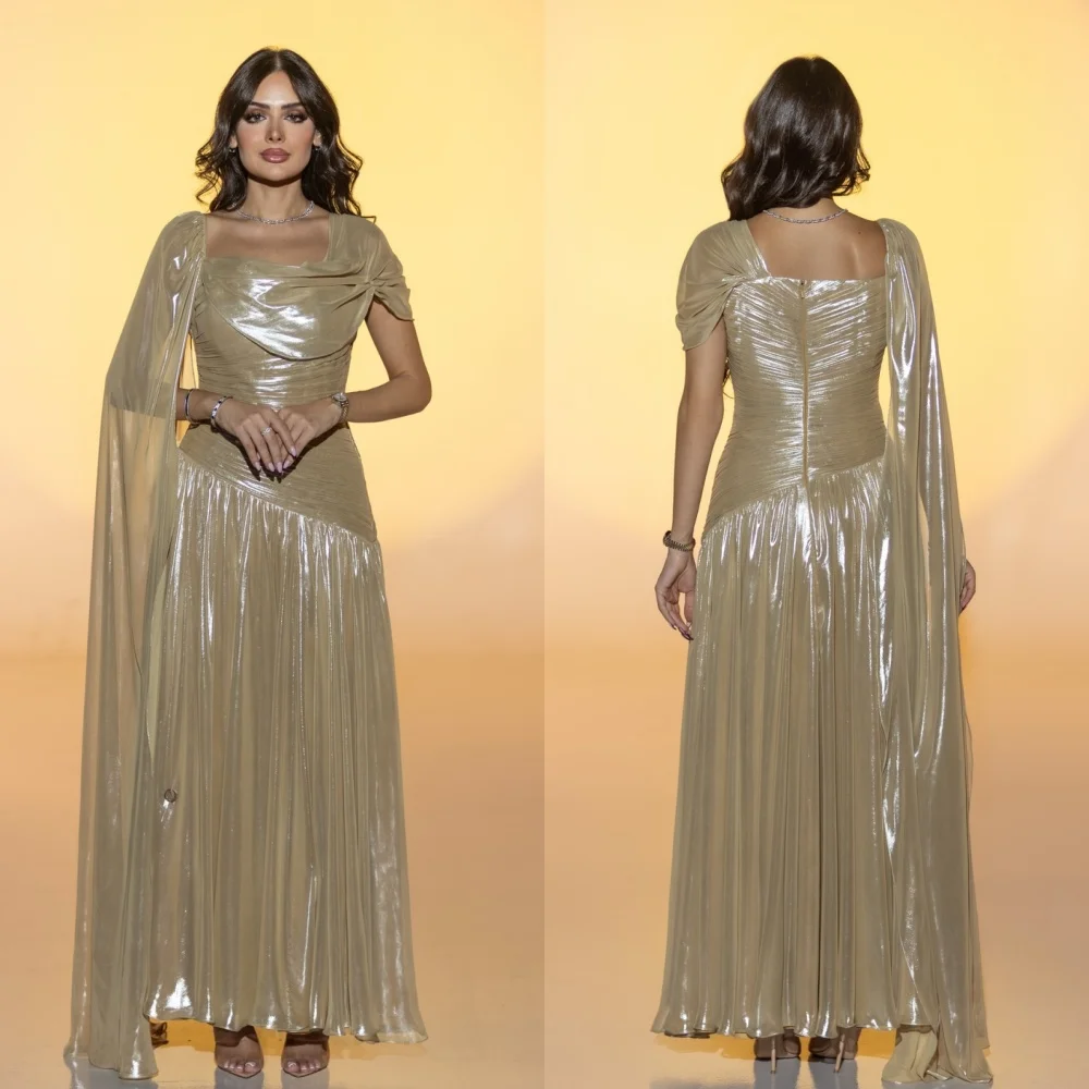 

Customized Matching Fashion Pleat Ruched Draped A-line Square Neck Midi Dresses Evening Dresses Sizes Available High Quality