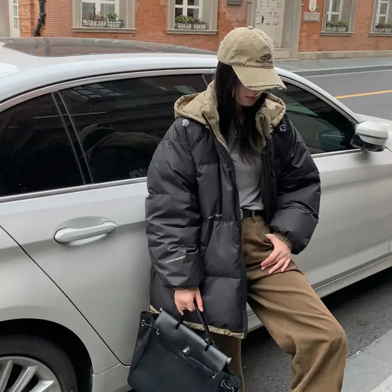 

European Fashion Winter New Oversize Women's Down Jacket Loose Commuting Casual Print Windproof Hooded White Duck Down Jacket