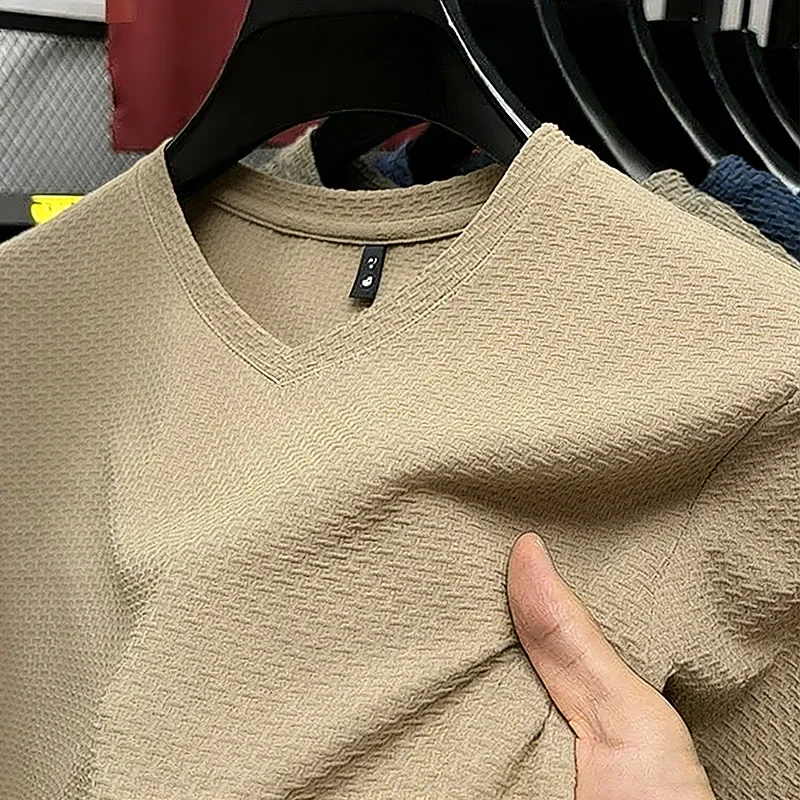 Fashion Men's Business Casual Ice Silk T-Shirt V Neck Short Sleeve Khaki Daily Work Wear image 6