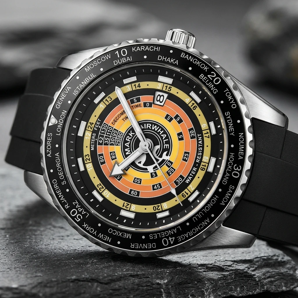 Mark Fairwhale World Time Watch for Men Rotating Bezel Multicities Dial Date Window Rubber Band Waterproof Wristwatch