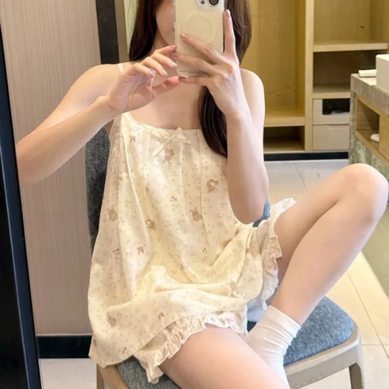 Women 2PCS Camisole Pajamas Set Summer Spaghetti Strap Built-in Bra Sweet Casual Sleepwear Trendy Elegant Daily Lounge Outfit 6
