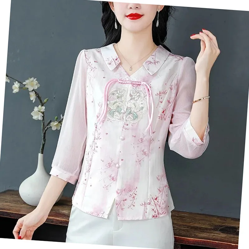 2025 ใหม่สไตล์จีนปักเสื้อผู้หญิงฤดูร้อนชุดใหม่แม่ชีฟอง TOP