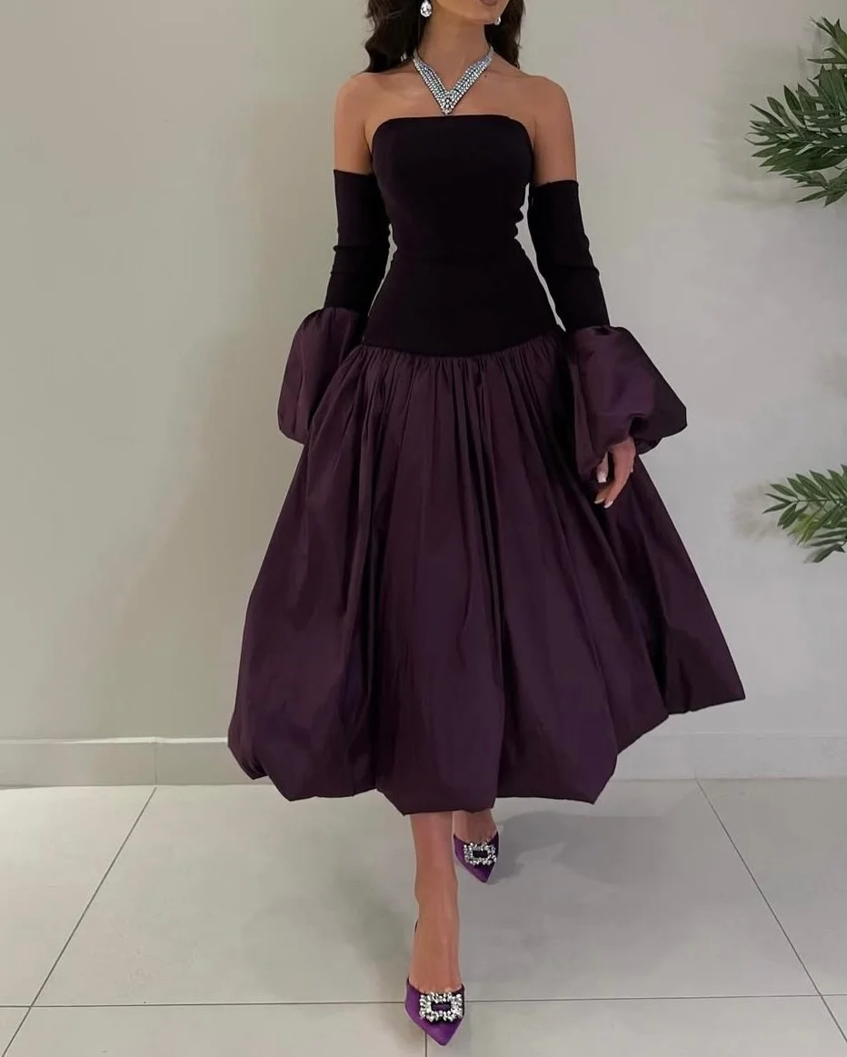 검정색과 보라색 A라인 댄스 파티 드레스 끈이 없는 짧은 이브닝 가운 긴 소매 티 길이 공식 파티 드레스