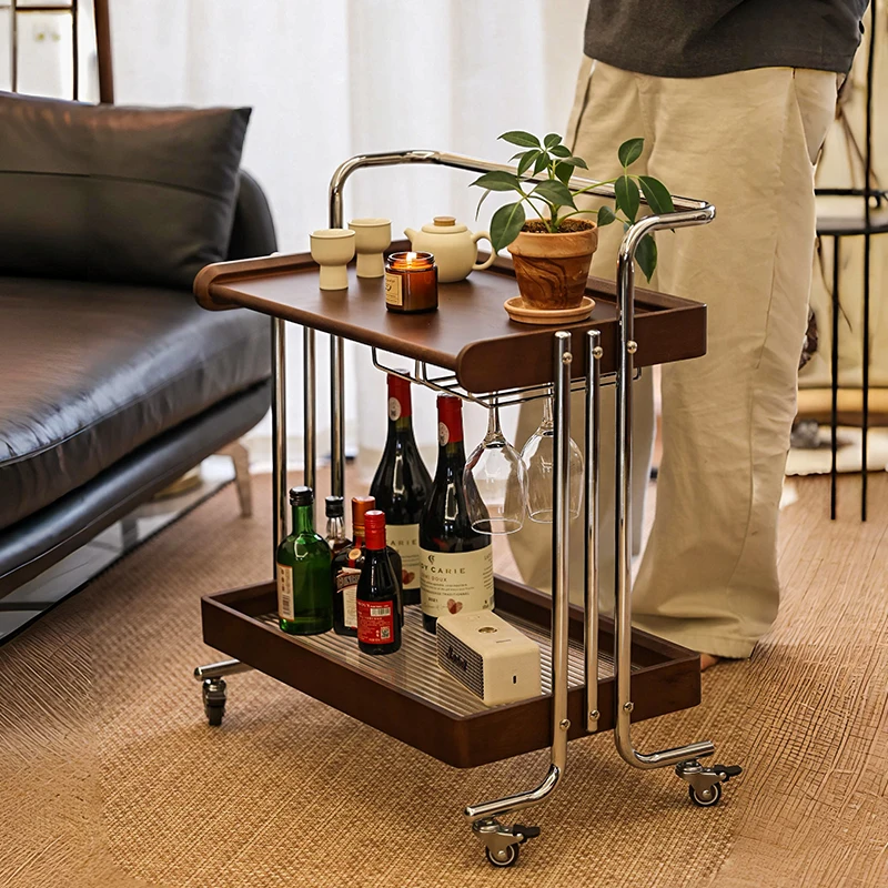 Solid wood coffee table removable sofa side cart walnut retro edge living room trolley bedside storage
