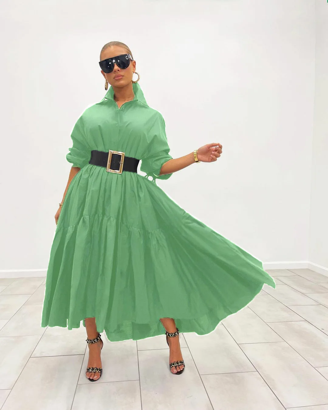 CM.YAYA Women Long Dress Solid Full Sleeve Turn-down Collar Loose A-line  Maxi Dresses Without Belt Fashion Outfit Autumn 2021 - AliExpress 200000345