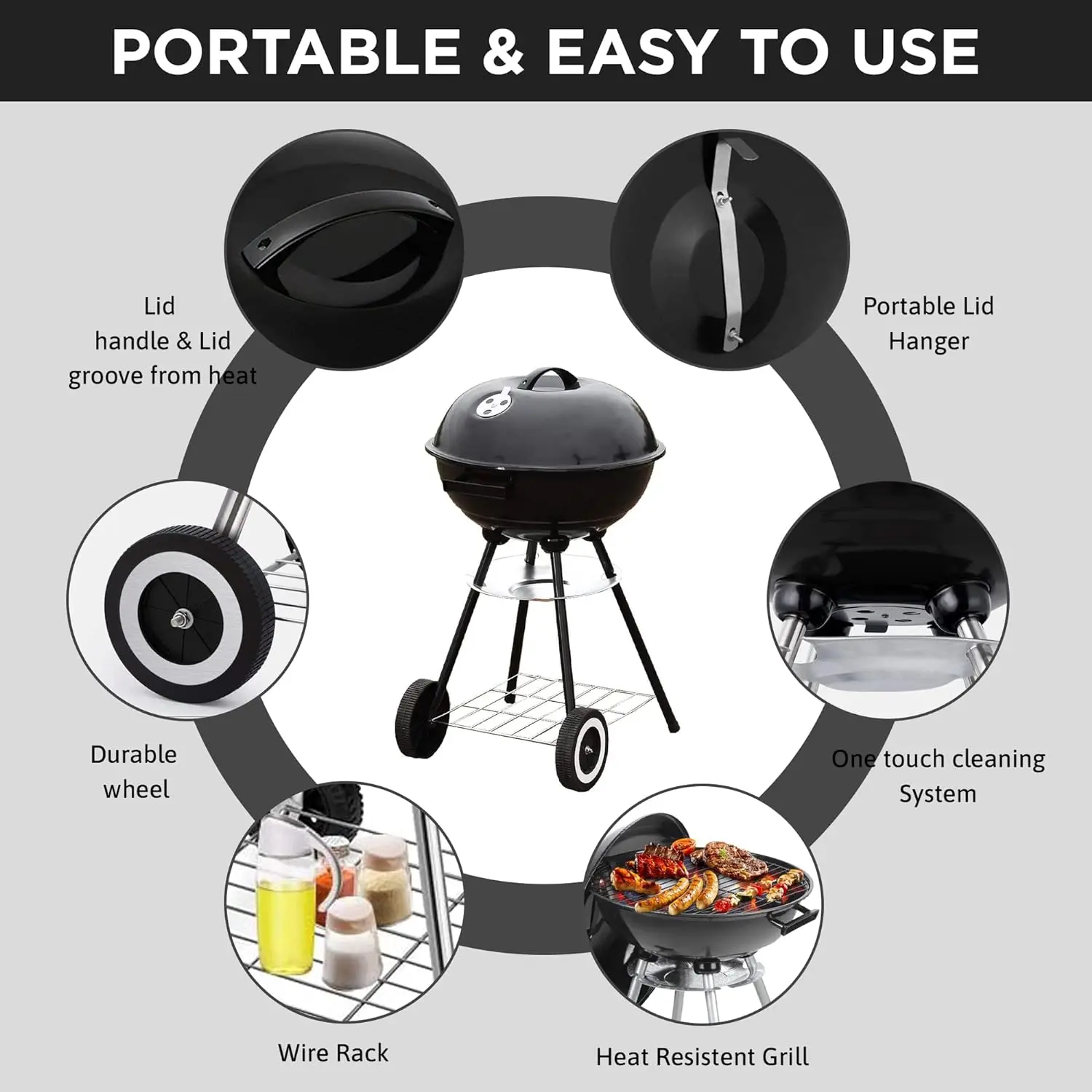 18 Inch Portable Charcoal Grill with 4 Legs and Wheels for Outdoor Cooking Barbecue Camping BBQ Coal Kettle Grill - Heavy Duty R