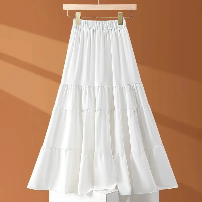 

White High Waist A-Line Skirt Women's Summer 2025 New Sle Slimming Long Skirt Full Flounce Simple Sle Loose Fit Polyester...
