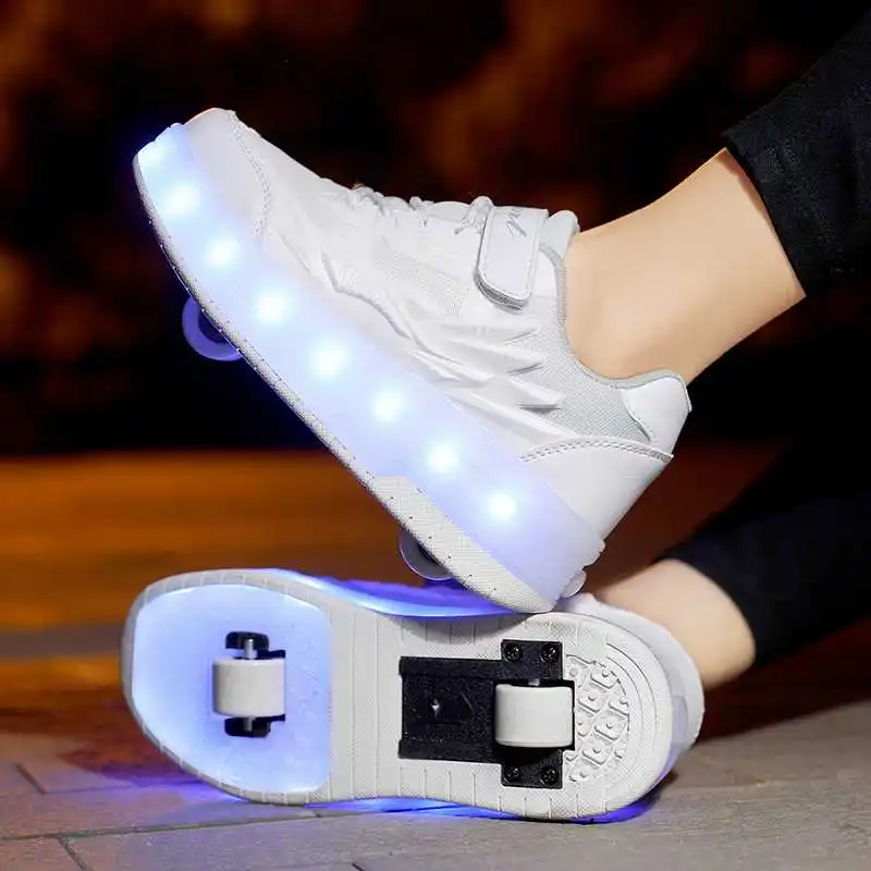 One-Click Retractable LED Light Up Roller Shoes, Breathable Skate Sneakers for Kids, Teens, Boys & Girls
