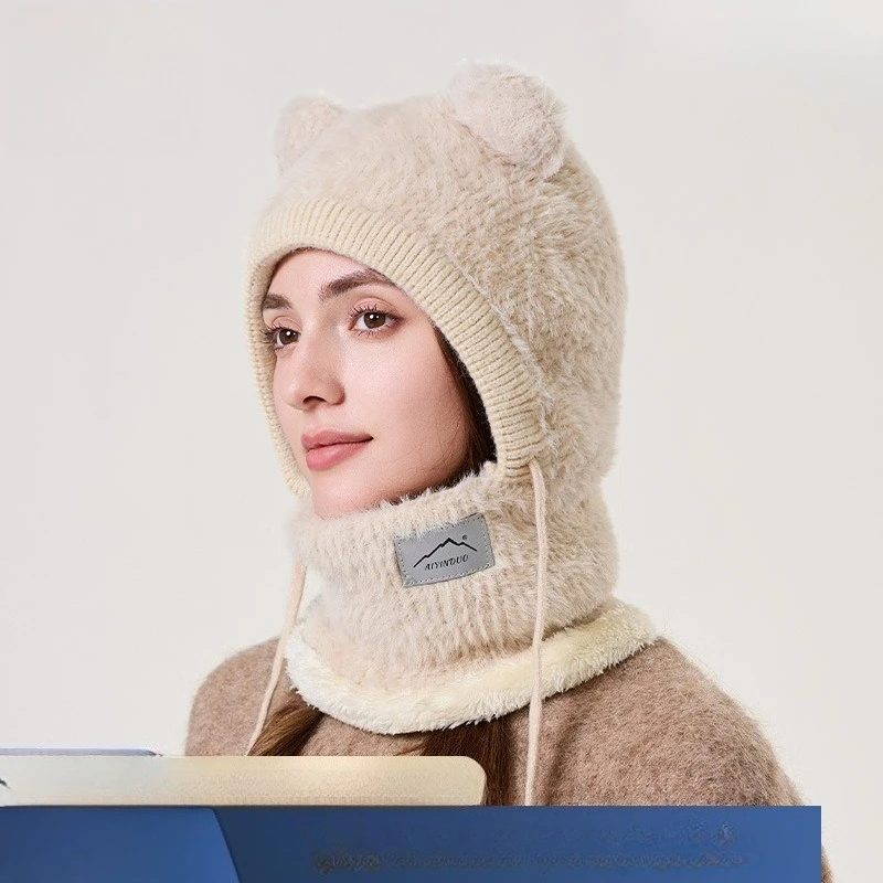 Winter Fashion New Plush Integrated Hat Female Cute Bear Ear Drawstring Can Tighten Face Protection Neck Scarf Pullover Hat