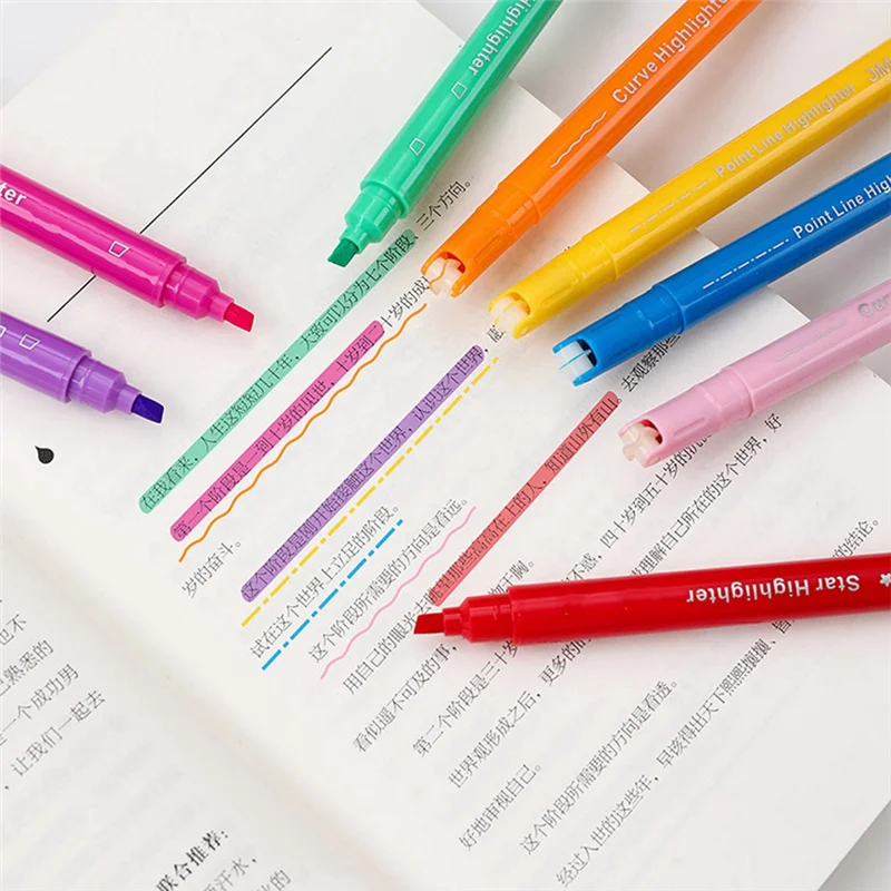 Набор ручек-хайлайтеров в эстетике, 8 различных форм маркеров с двумя наконечниками, ручки для детей, новинка, канцелярские принадлежности, школьные принадлежности