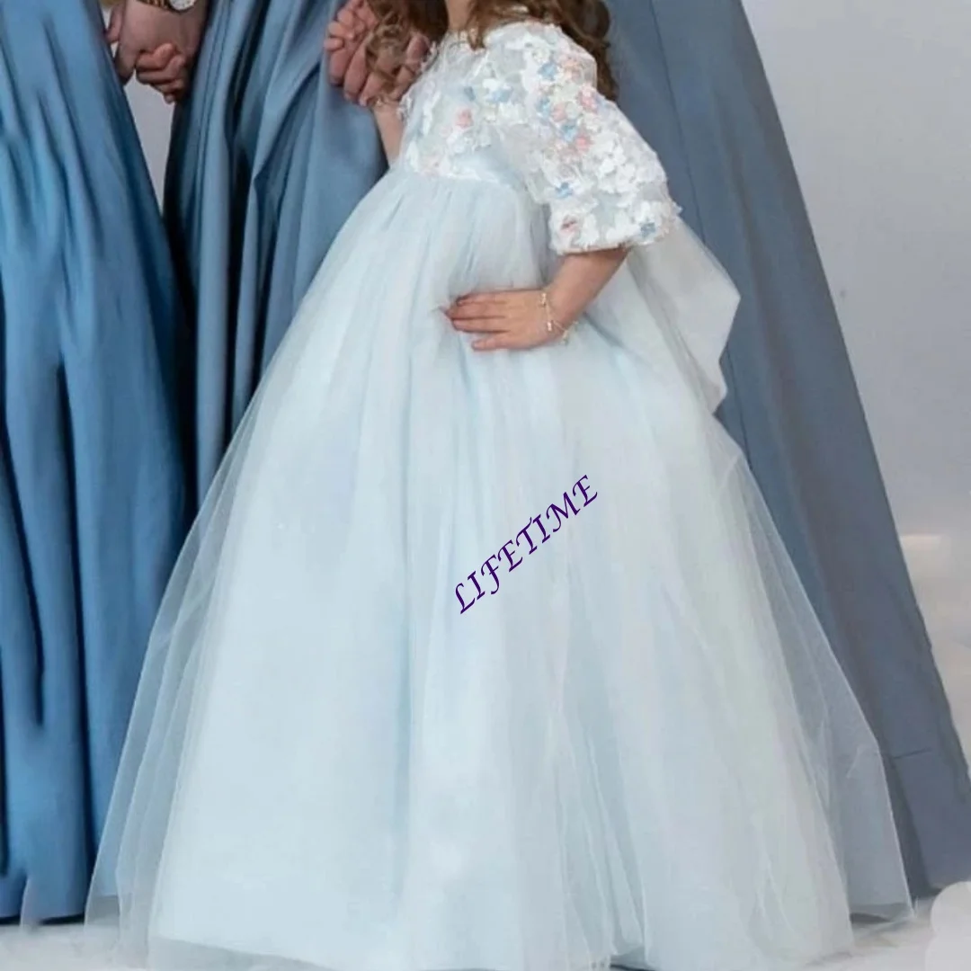 Maßgeschneidertes Kleinkind-Prinzessinnenkleid im Ballkleid-Stil mit Applikationen aus Tüll, hoher Taille und 3/4-Ärmeln für Hochzeit, Blumenmädchen, Erstkommunion